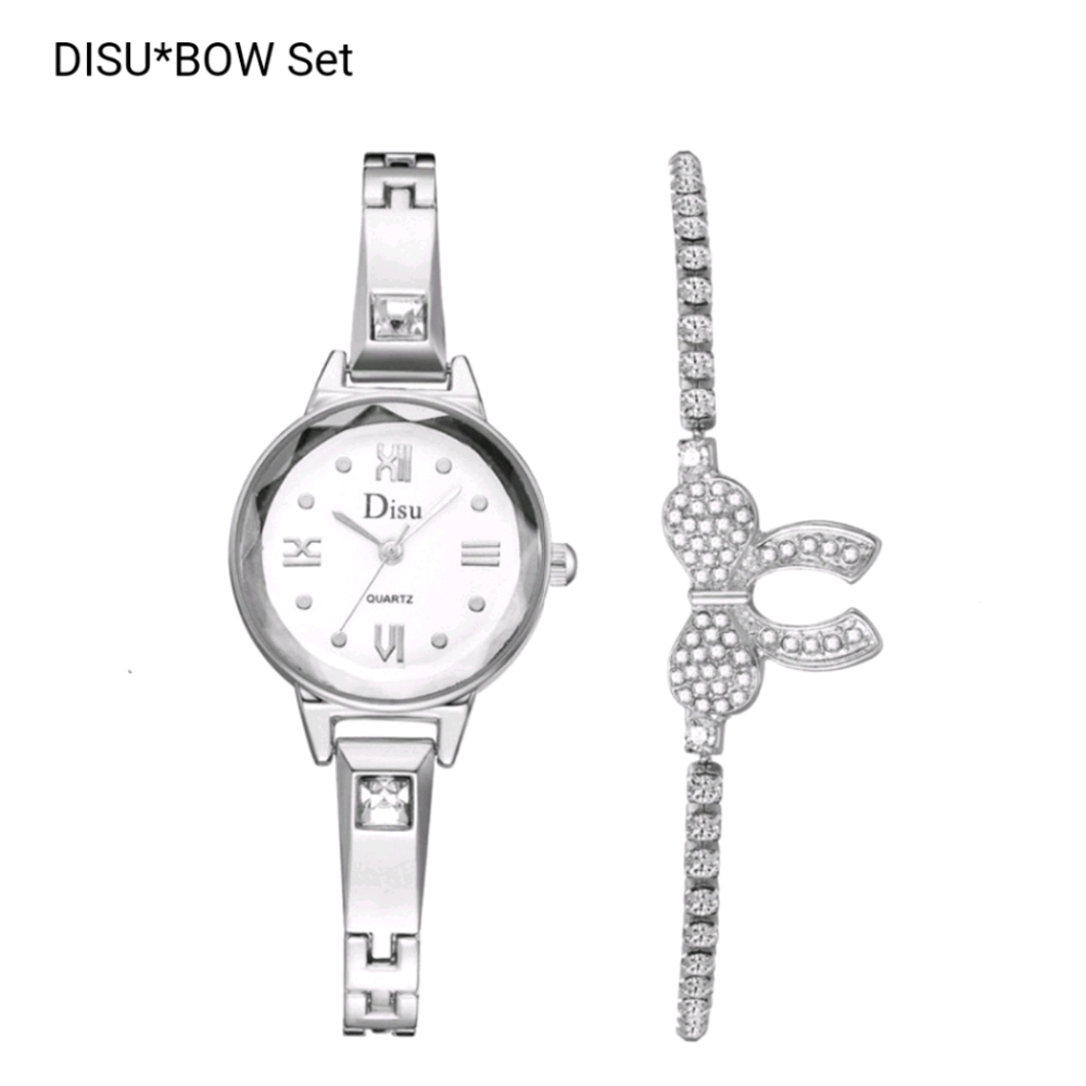 DISU Designer Watch & Bow Charm Bracelet Set